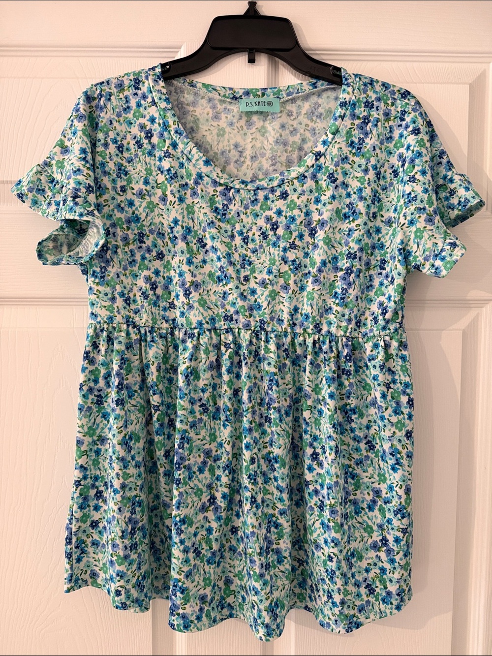 P.S. Knit Blue Floral Short Sleeve Peplum Top